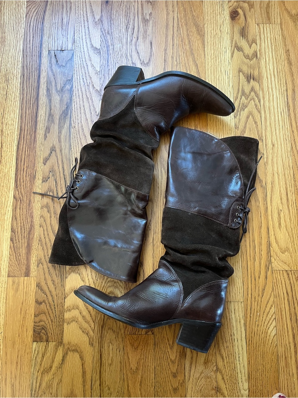 Y2K Felmini Brown Leather Suede Slouch Boots Lace Back Pointy Toe US 6.5 or 7